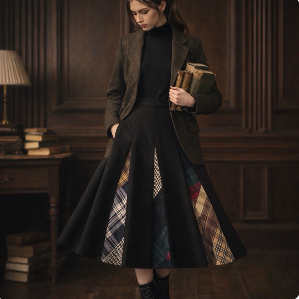 r.u. Vintage Cashmere Wool Patchwork Plaid Pleated Skirt 6 Y2K Academia Preppy